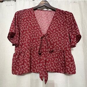 Floral Top Burgundy Red White Peplum Blouse Bow Tie Short Sleeve‎  Women's Sz L